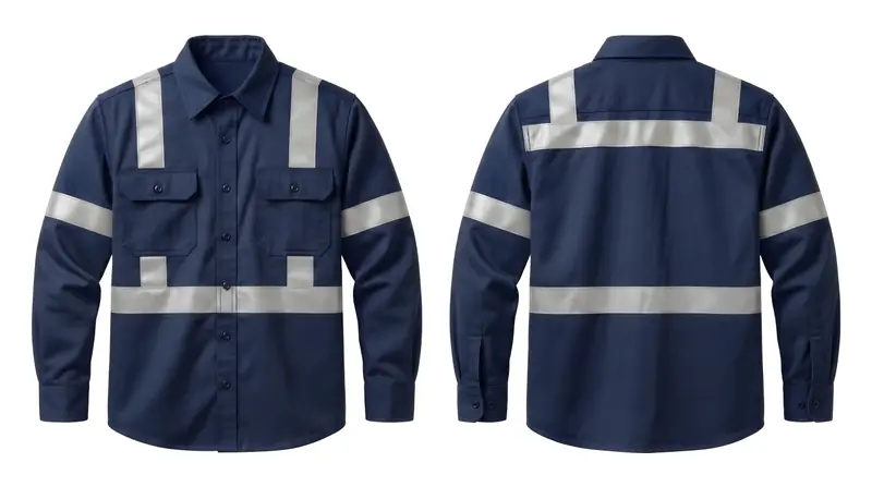 Camisa de dotación azul oscuro con cinta reflectiva, vista frontal y posterior