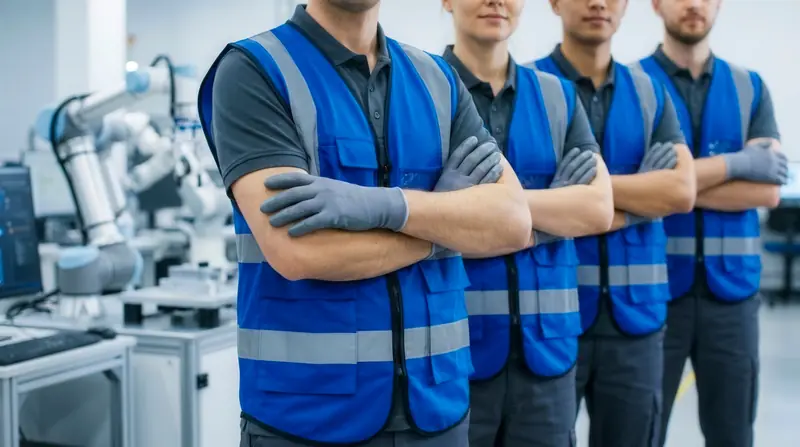 Equipo de trabajo con chalecos reflectivos azules en planta industrial