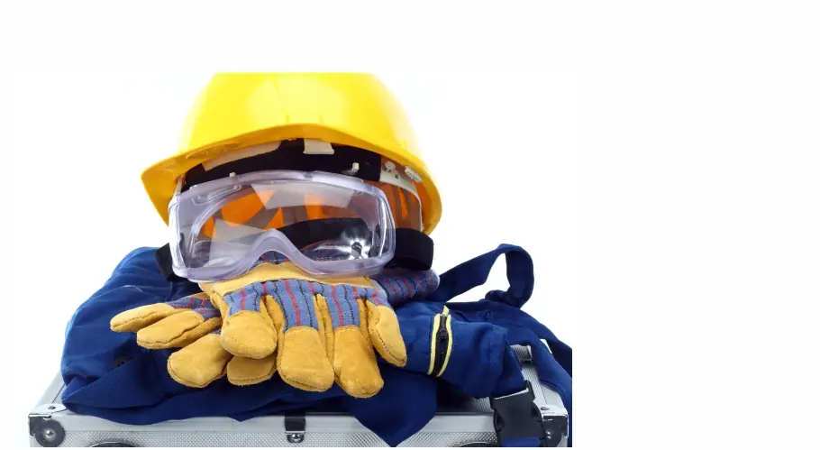 Dotación industrial: casco, gafas de seguridad, guantes de carnaza y overol azul