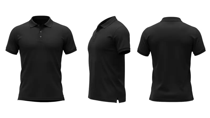 Polos negros para uniforme en vista frontal, lateral y posterior