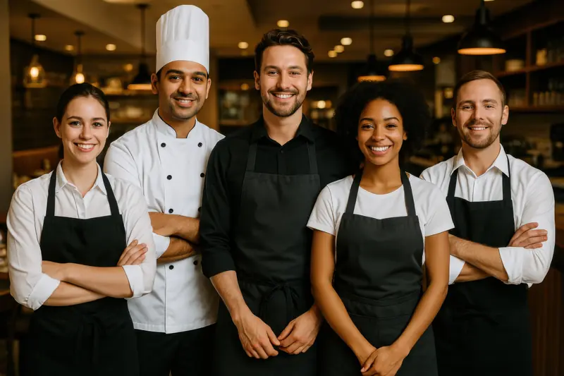 Equipo de cocina y meseros con uniformes y delantales